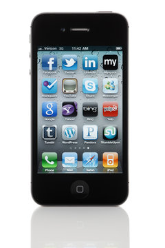 Social Media App Icons on Apple iPhone 4 - Isolated on White Background