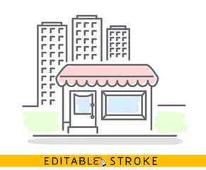 Building of small shop or company and big residential or business skyscrapers. Sketch line flat design of commerce architecture. Storefront illustration concept. Editable outlines stroke. - Vector