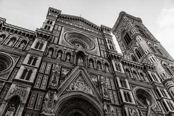 Santa Maria del Fiore, which is the Cathedral of Florence or the Basilica of St. Mary of the flower, Italy in black and white | FLORENCE, ITALY - 14 SEPTEMBER 2018.