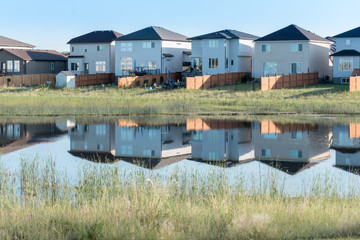 A reflection of rural homes in the lake water