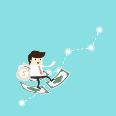 businessman stand on banknote to success, business concept illustration