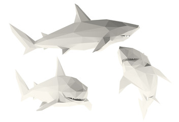 Light Shark. Set of Isolated White Great White Sharks on White Background. Low Poly Vector 3D Rendering
