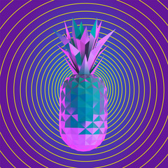 Psychedelic Vaporwave Pineapple on Retro Background. Low Poly Vector 3D Rendering