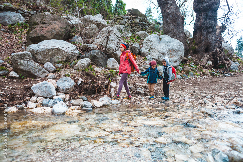 Wall mural A woman with two children walks along a mountain river.