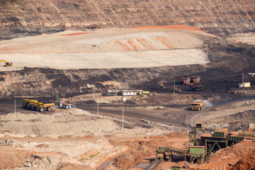 Part of a coal mine pit with big mining truck working 
