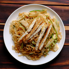 vegetarian food, fried noodles with sour bamboo shoots and tofu