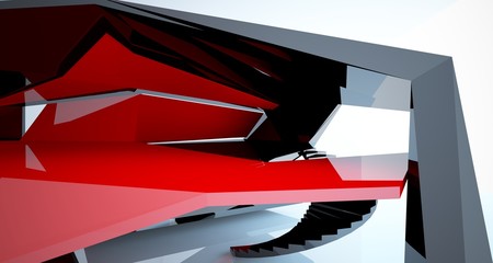 Abstract architectural red and black gloss interior of a minimalist house with large windows.. 3D illustration and rendering.