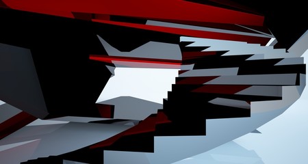 Abstract architectural red and black gloss interior of a minimalist house with large windows.. 3D illustration and rendering.