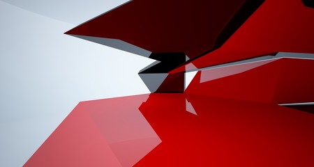 Abstract architectural red and black gloss interior of a minimalist house with large windows.. 3D illustration and rendering.