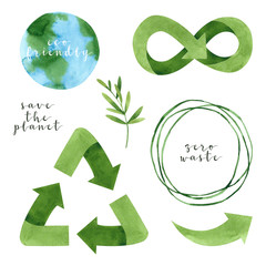 Watercolor recycling signs and sprig with leaves isolated on white background. Hand drawn reuse symbol for ecological design. Zero waste lifestyle.  - obrazy, fototapety, plakaty