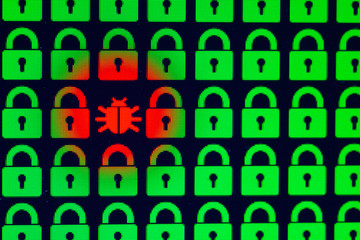 Bug as a symbol of malware and a Trojan virus in the program code. Hacking and theft of personal information and data. Green pixel locks and red Bug on a black background, close-up