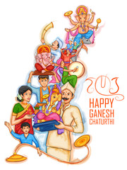 Obraz na płótnie Canvas illustration of Indian people celebrating Lord Ganpati background for Ganesh Chaturthi festival of India