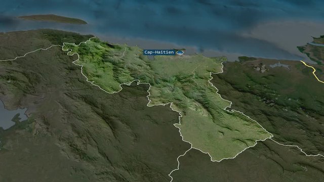 Nord - department of Haiti with its capital zoomed on the satellite map of the globe. Animation 3D
