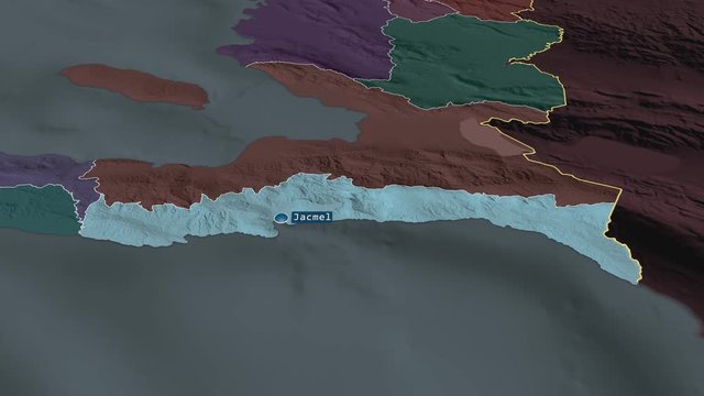 Sud-Est - department of Haiti with its capital zoomed on the administrative map of the globe. Animation 3D