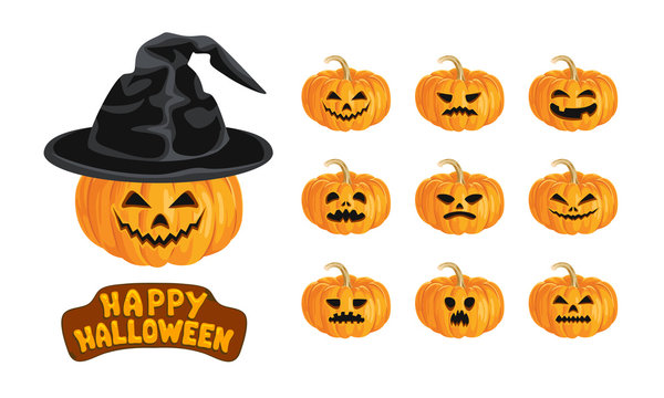 Pumpkin Jack Set. Happy Halloween lettering, evil smiling pumpkin in hat and pumpkins with different scary, funny faces isolated on white background. Vector illustration in cartoon simple flat style.