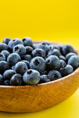 Fresh blueberry harvest in wooden bowl