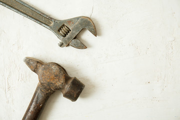 construction tools on wooden background with space for copy