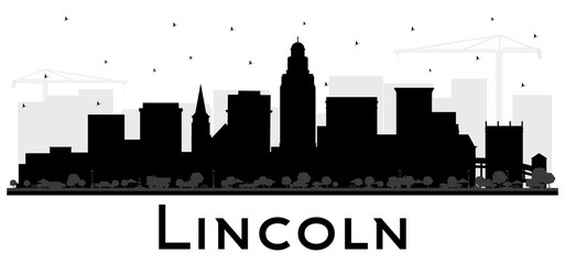 Lincoln Nebraska City Skyline Silhouette with Black Buildings Isolated on White.