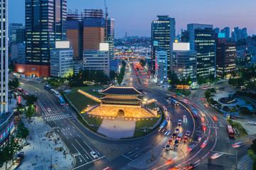 Traffic of Seoul City Skyline at Namdaemun Gate,South Korea.