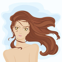 Girl with long hair. The wind's blowing.