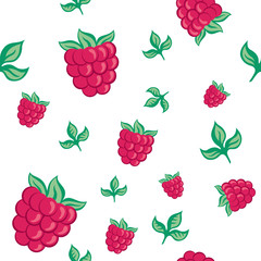 seamless pattern raspberries and leaves on a white background