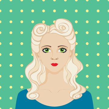 Portrait of rockabilly girl with long blonde hair. Hairstyle Victory Rolls