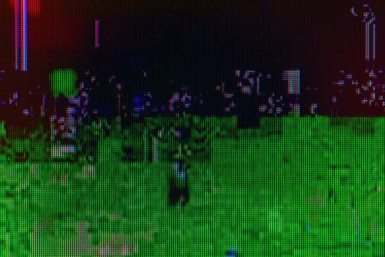 Photography of damaged television signal, digital pixel noise glitch