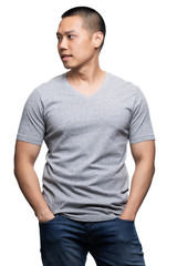 Grey top dry on asian model for mockup template