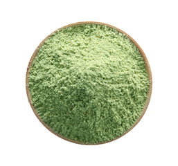 Bowl with wheat grass powder on white background, top view