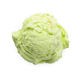 Scoop of delicious pistachio ice cream on white background, top view
