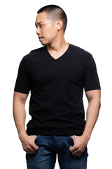Black v-neck tshirt on asian model