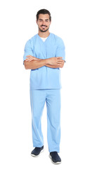 Fototapeta premium Young male doctor in uniform on white background. Medical service