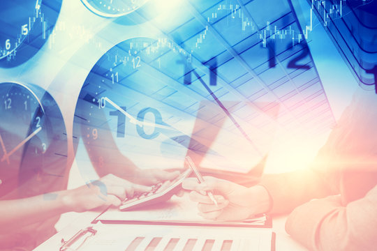 Office hours business times working day concept. Time clocks overlay with business people work together busy with marketing chart.