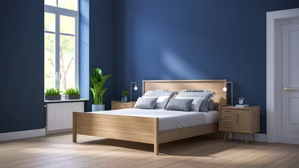 Foto op Aluminium Modern scandinavian  interior of Bedroom ,wood bed and bedside table on dark blue wall and wood floor ,3d render © LEKSTOCK 3D
