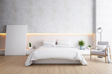 Bedroom and Modern Loft style.,Cozy room minimalist concept ,white bed with frame mockup ,wood floor and white concrete wall ,3d rendering