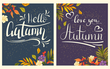 Cards Hello Autumn. Backgrounds with gold sparkles and leaves.