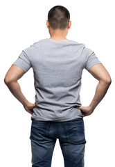 Obraz premium Grey top dry on asian model for v-neck tshirt blank mockup