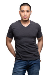 Obraz premium Dark grey on asian model for v-neck tshirt blank mockup template