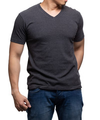 Dark grey on asian model for v-neck tshirt blank mockup template