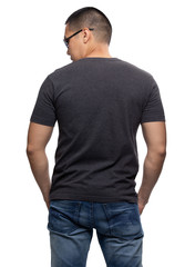Dark grey on asian model for v-neck tshirt blank mockup template