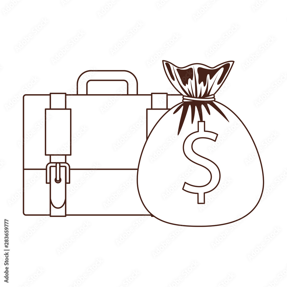 Sticker silhouette of suitcase of businessman with money on white background