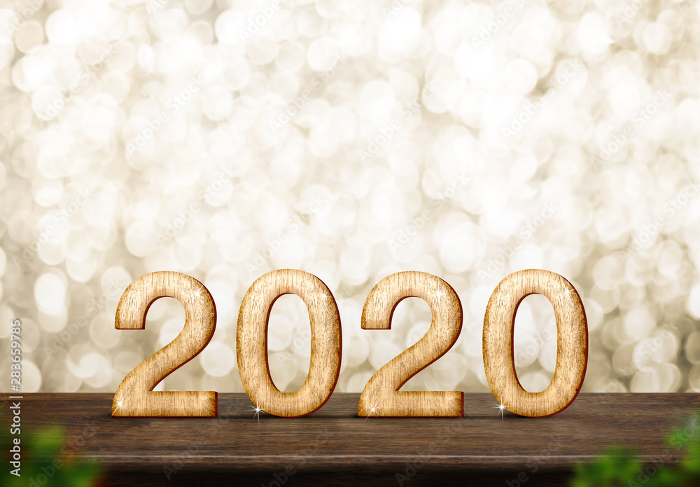 Poster happy new year 2020 (3d rendering) on dark brown wood table at gold sparkle bokeh abstract backgroun