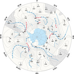 imaginary weather map Antarctica with isobars and weather fronts - obrazy, fototapety, plakaty