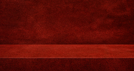 red suede leather texture table product display background.3d perspective studio photography stand.banner mokc up space for showcase product.empty countertop backdrop.buseiness presentation for ads.