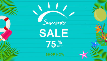 Summer sale vector illustrator,Design for promotion with colorful beach elements blue background.