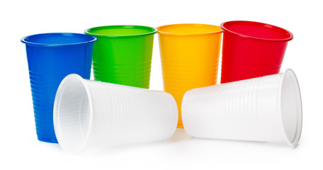 Colored disposable cups for drinks isolated on white