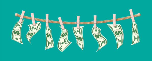 Wet dollar bills hanging on rope attached with clothes pins. Money laundering concept. Dirty money. Hidden wages, salaries black payments, tax evasion, bribe. Anti corruption. Flat vector illustration