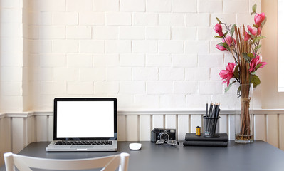 Workspace desk and laptop. copy space and blank screen. Business image, Blank screen laptop and supplies.