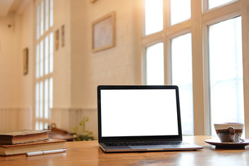 Workspace desk and laptop. copy space and blank screen. Business image, Blank screen laptop and supplies.