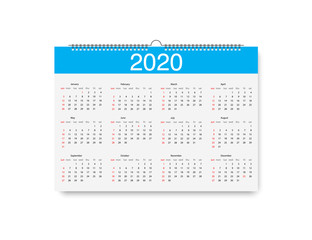 Vector Calendar of 2020 years. Template Loose-leaf Calendars for 2020 with pointers holidays. Week starts on Sunday